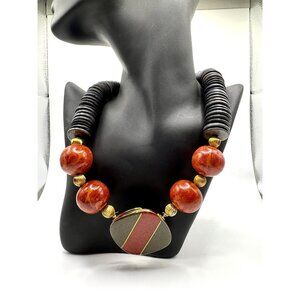Chunky Vintage Beaded Statement Necklace Wooden Red Black Tribal Ethnic